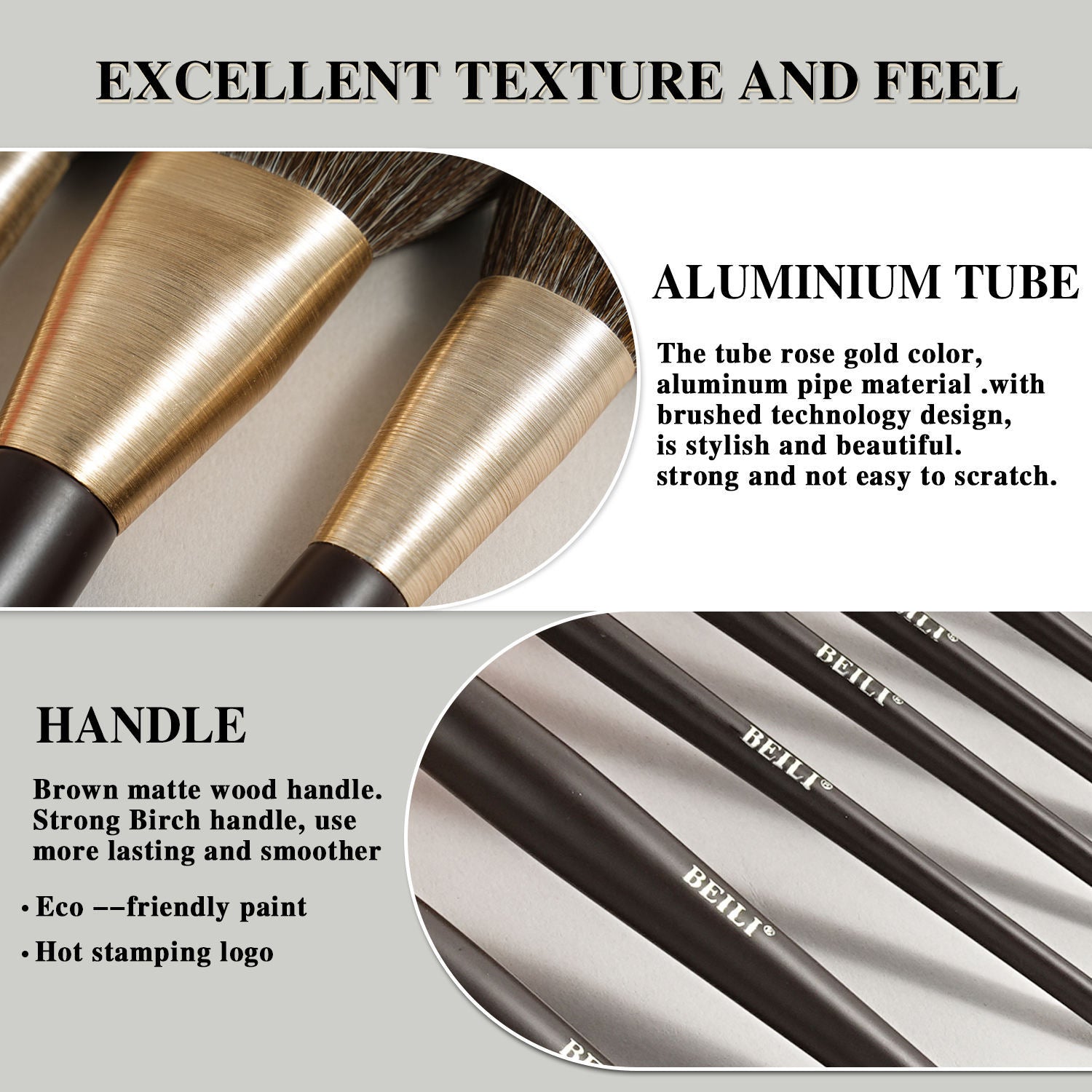 Baili 10pcs Rose Gold Vegan Makeup Brush Set – Luxury Synthetic Hair Contour & Blush Brush Kit for Face & Eyes