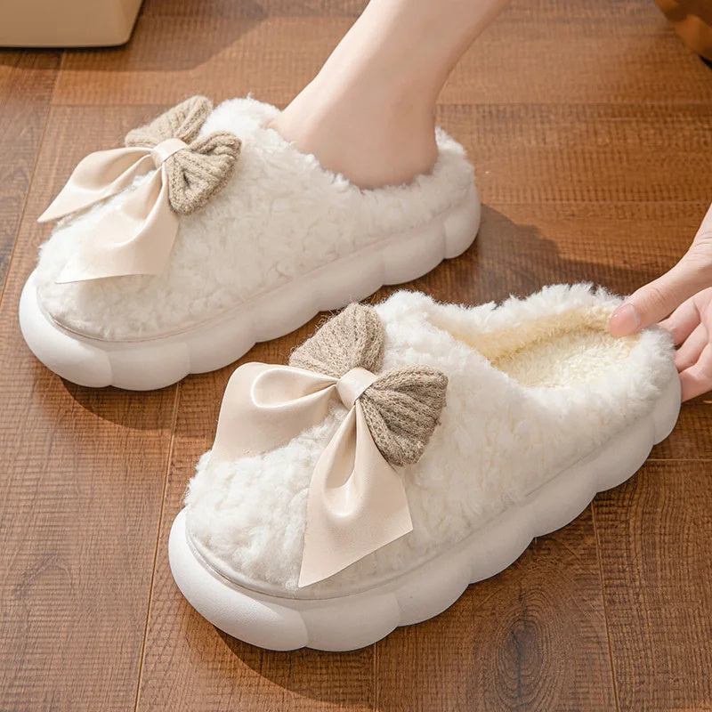 Winter Warm Fur Slippers for Women – Soft Plush Indoor Shoes, Cute Bow Design, Non-Slip Home Comfort Slippers