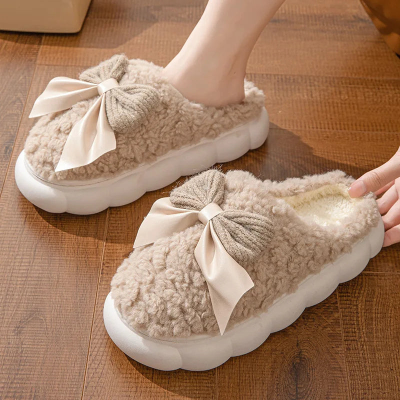 Winter Warm Fur Slippers for Women – Soft Plush Indoor Shoes, Cute Bow Design, Non-Slip Home Comfort Slippers