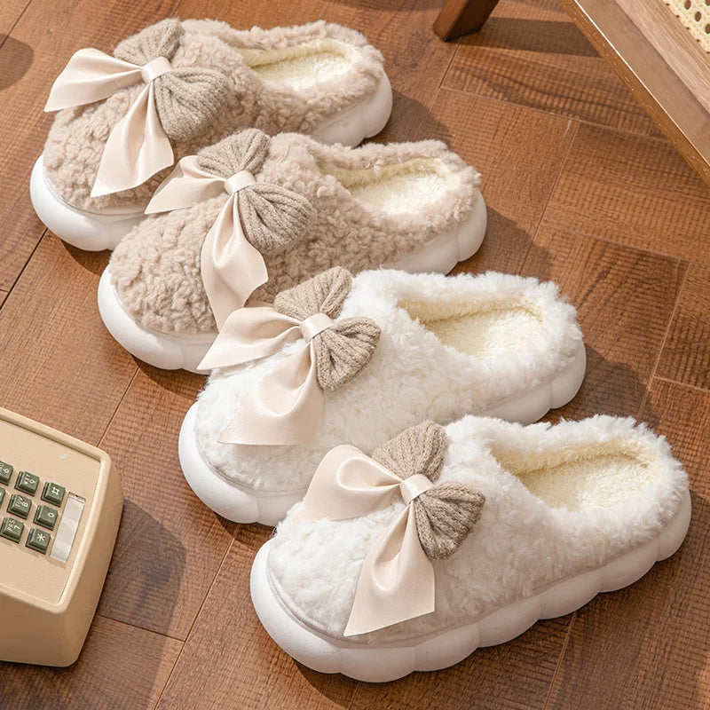 Winter Warm Fur Slippers for Women – Soft Plush Indoor Shoes, Cute Bow Design, Non-Slip Home Comfort Slippers