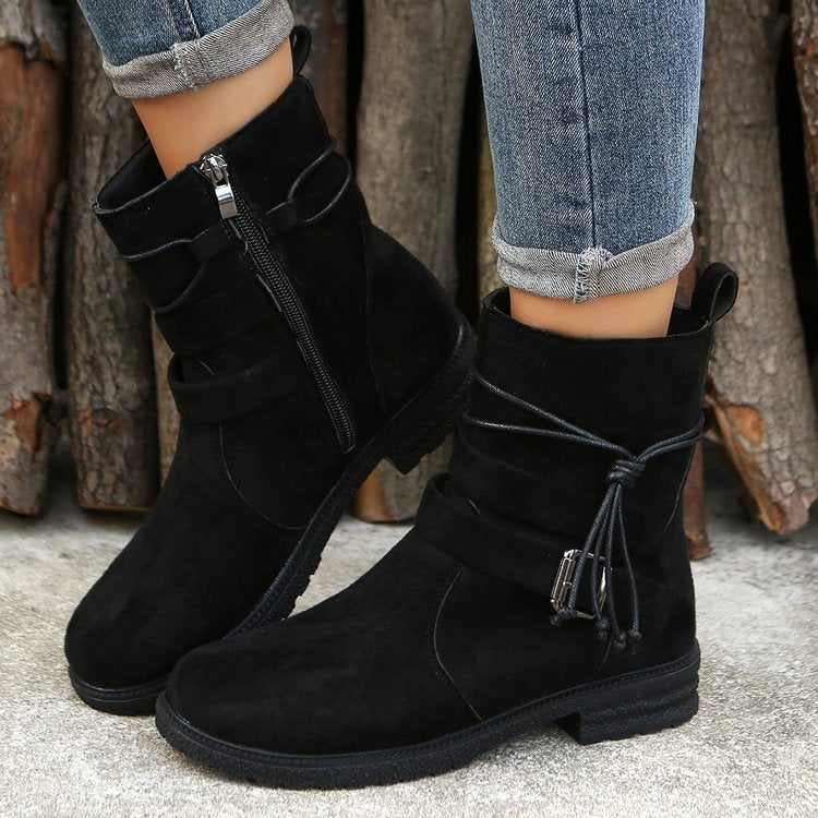 Women's Mid-Calf Fashion Boots – Buckle Square Heel Round Toe Side Zipper Boots