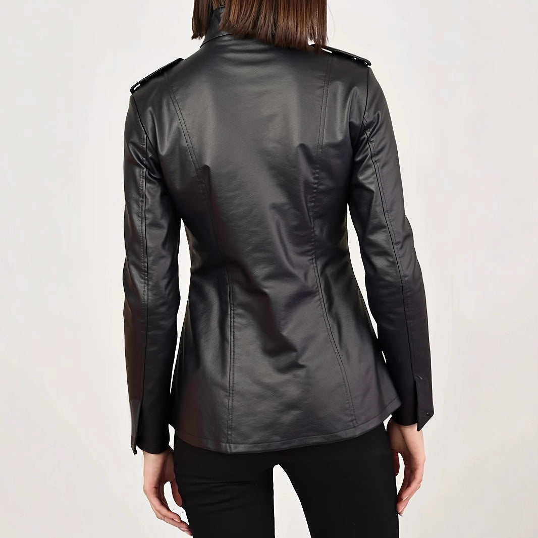 Women’s Distressed Leather Jacket Coat – Stand Collar Long Sleeve Fashion Outerwear