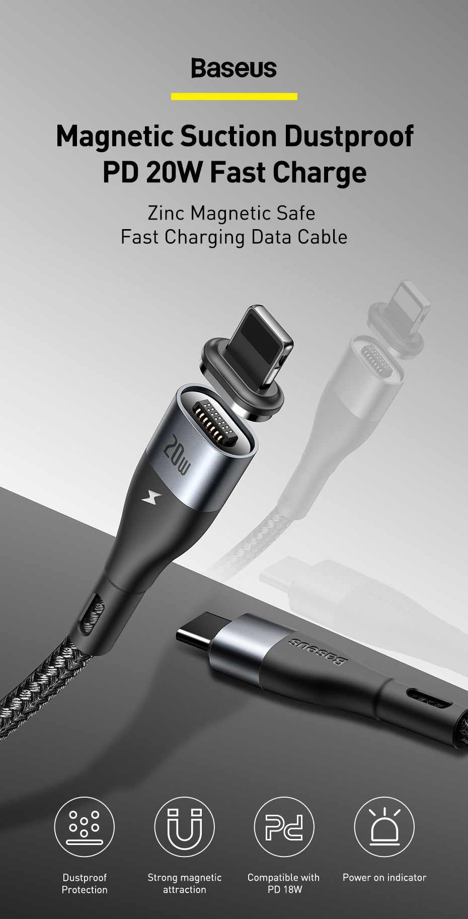 Baseus Magnetic iPhone 12 Charging Cable – Zinc Alloy Fast Charging PD 20W Data Cable Compatible with Apple Devices