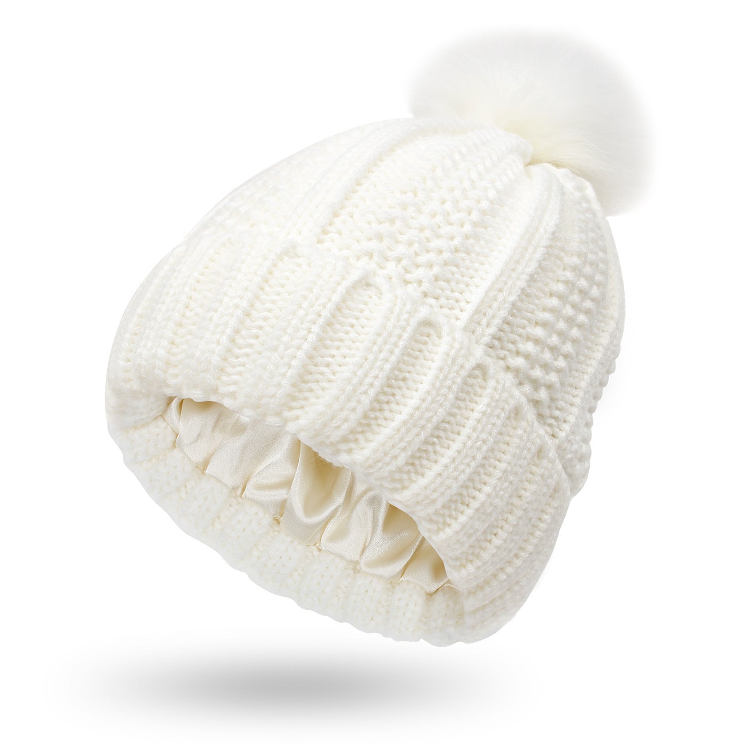 Women’s Satin Lined Knit Beanie Hat – Winter Warm Skull Cap with Faux Fur Pom Pom, Fashion Stretchy Beanie
