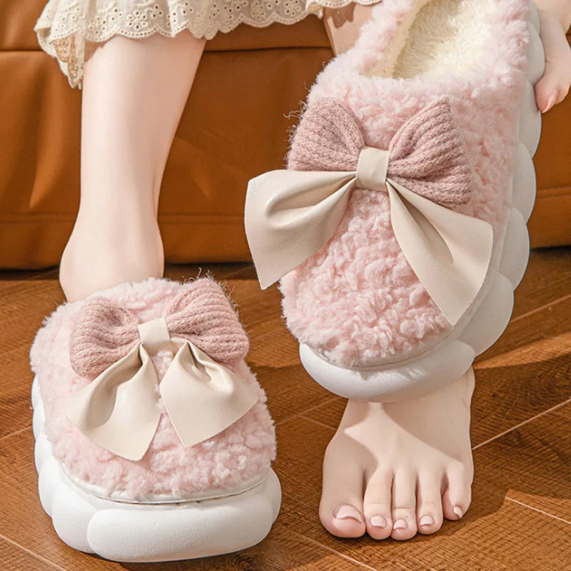 Winter Warm Fur Slippers for Women – Soft Plush Indoor Shoes, Cute Bow Design, Non-Slip Home Comfort Slippers
