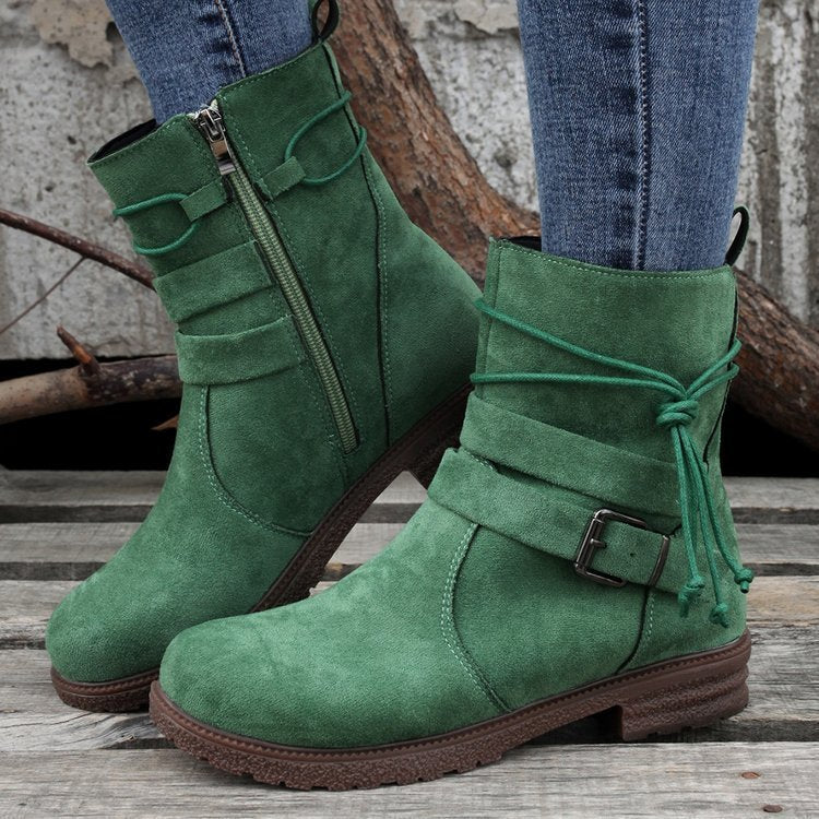 Women's Mid-Calf Fashion Boots – Buckle Square Heel Round Toe Side Zipper Boots