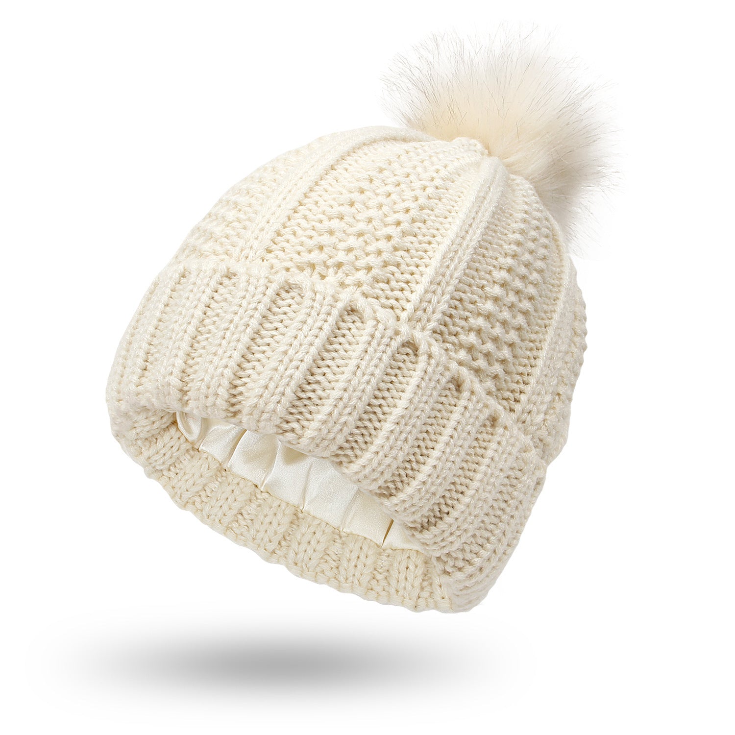 Women’s Satin Lined Knit Beanie Hat – Winter Warm Skull Cap with Faux Fur Pom Pom, Fashion Stretchy Beanie