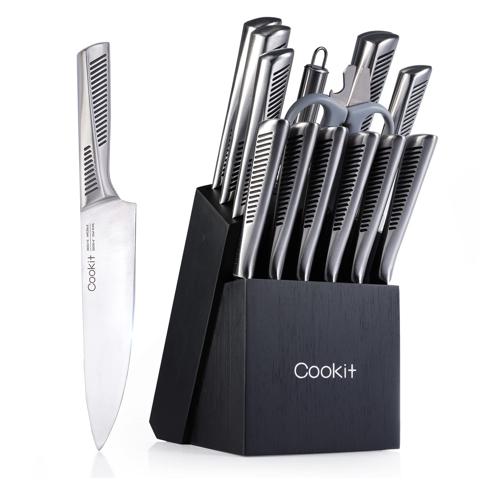 15-Piece Kitchen Knife Set with Block – Professional German Stainless Steel Chef Knives, Non-Slip Hollow Handle Cutlery Set with Scissors & Knife Sharpener