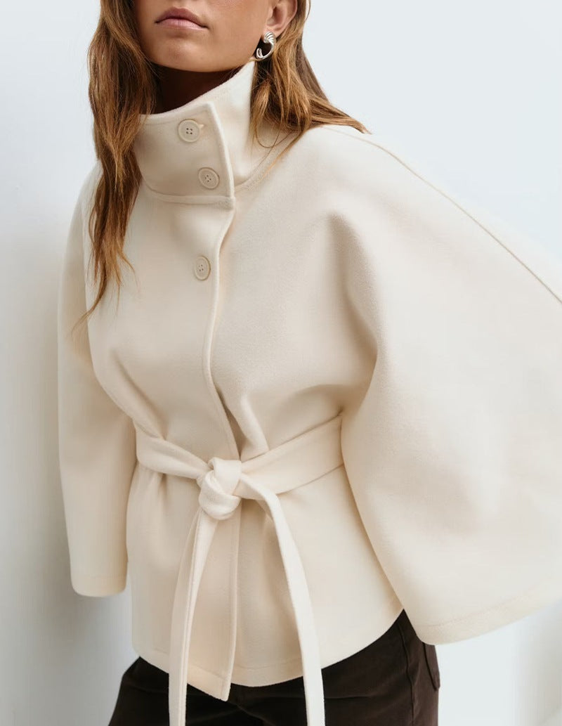 Women’s Winter High Neck Batwing Sleeve Coat with Belt – Elegant Loose Fit Button Top Trench Coat