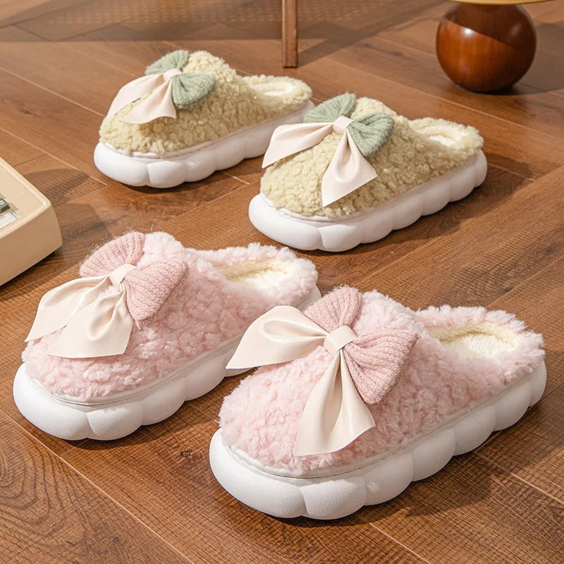 Winter Warm Fur Slippers for Women – Soft Plush Indoor Shoes, Cute Bow Design, Non-Slip Home Comfort Slippers