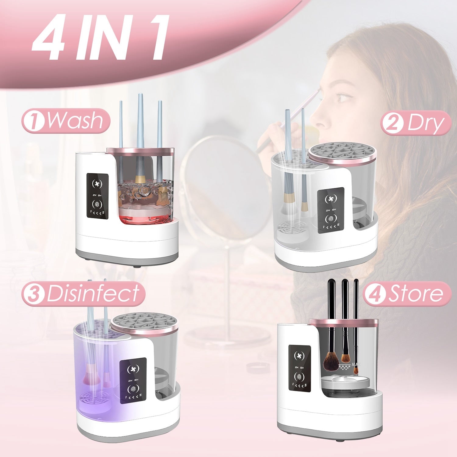 4 in 1 Electric Makeup Brush Cleaner & Dryer – USB Powered Automatic Brush Cleaning Machine with Timer, Digital Display & UV Disinfection