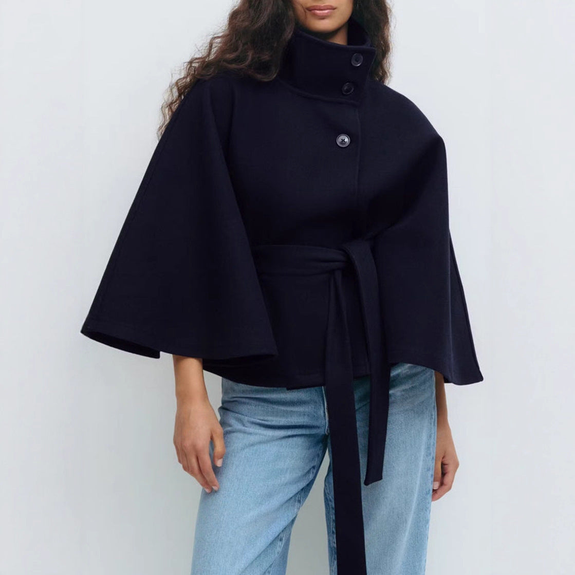 Women’s Winter High Neck Batwing Sleeve Coat with Belt – Elegant Loose Fit Button Top Trench Coat