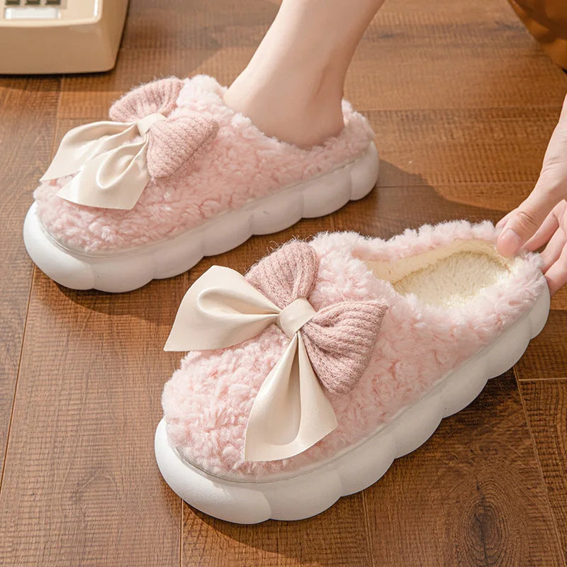 Winter Warm Fur Slippers for Women – Soft Plush Indoor Shoes, Cute Bow Design, Non-Slip Home Comfort Slippers