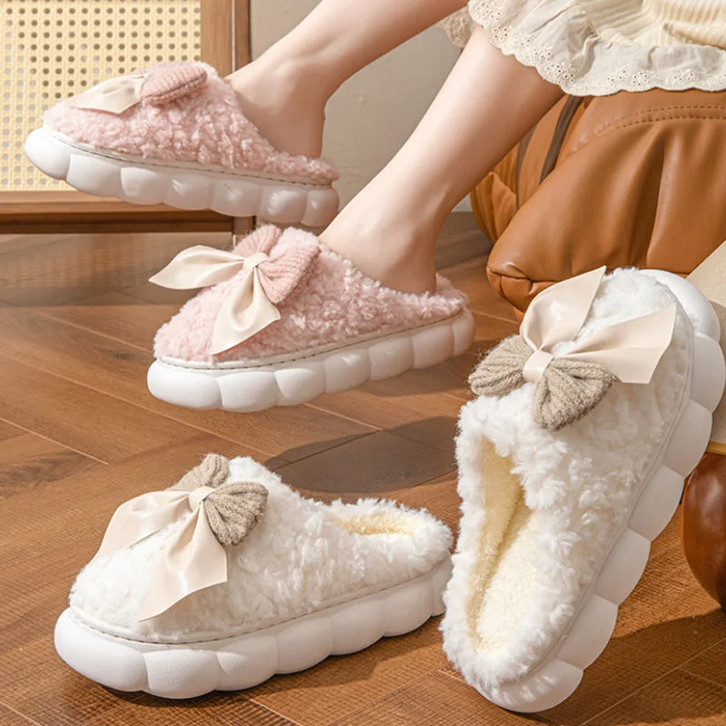 Winter Warm Fur Slippers for Women – Soft Plush Indoor Shoes, Cute Bow Design, Non-Slip Home Comfort Slippers