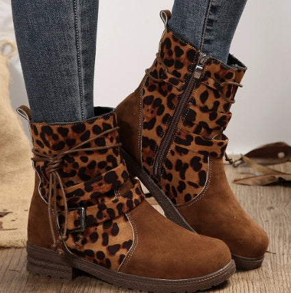 Women's Mid-Calf Fashion Boots – Buckle Square Heel Round Toe Side Zipper Boots