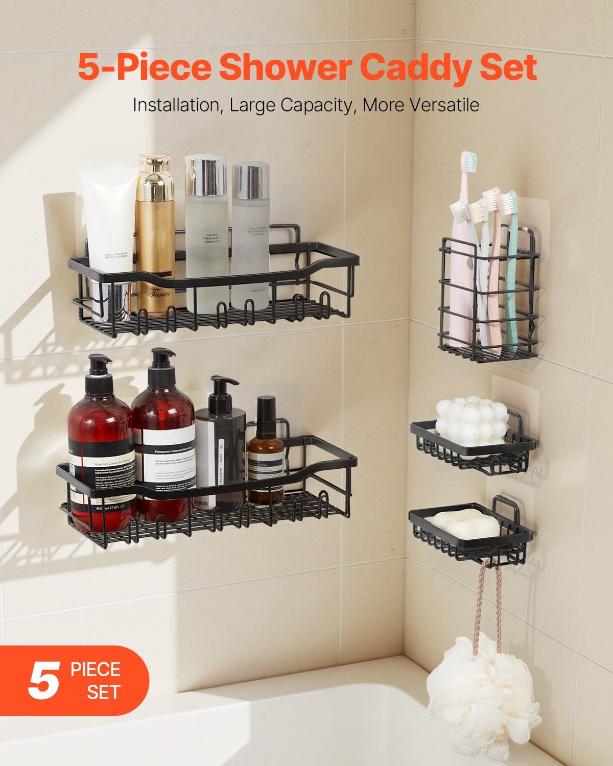 Shower Caddy 5 Pack – Adhesive Bathroom Storage Shelves Rack Organizer