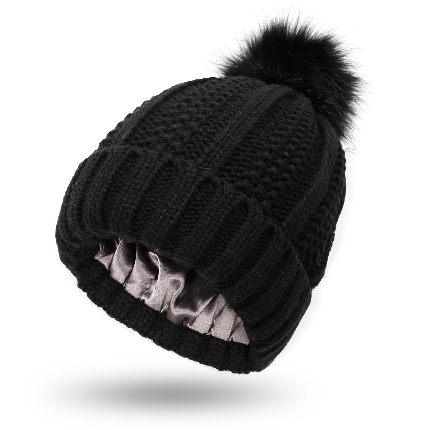 Women’s Satin Lined Knit Beanie Hat – Winter Warm Skull Cap with Faux Fur Pom Pom, Fashion Stretchy Beanie