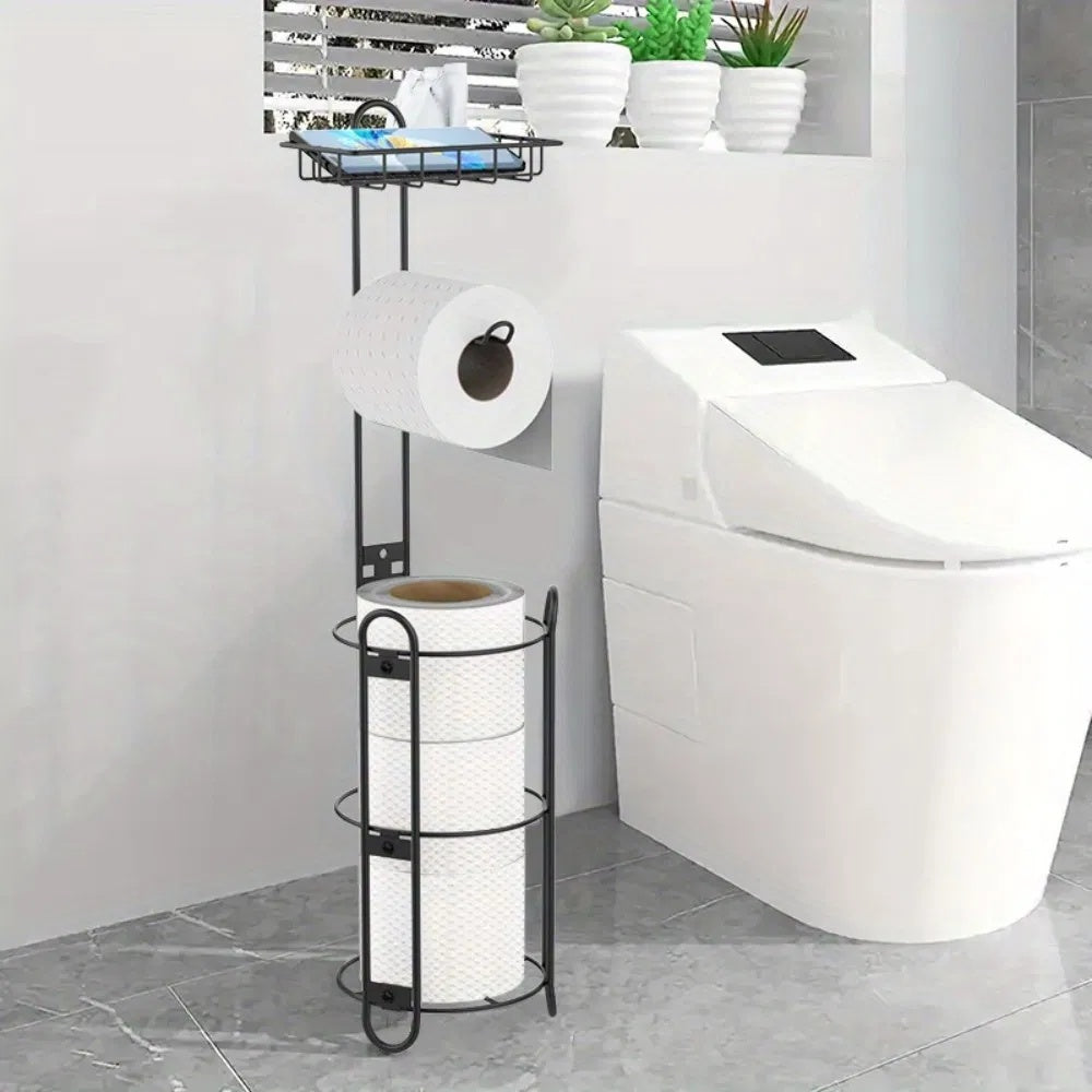 Toilet Paper Holder with Shelf – Freestanding Bathroom Tissue Stand with Storage, Modern Clearance Disposal Organizer