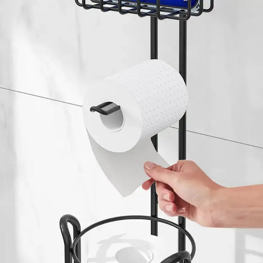 Toilet Paper Holder with Shelf – Freestanding Bathroom Tissue Stand with Storage, Modern Clearance Disposal Organizer