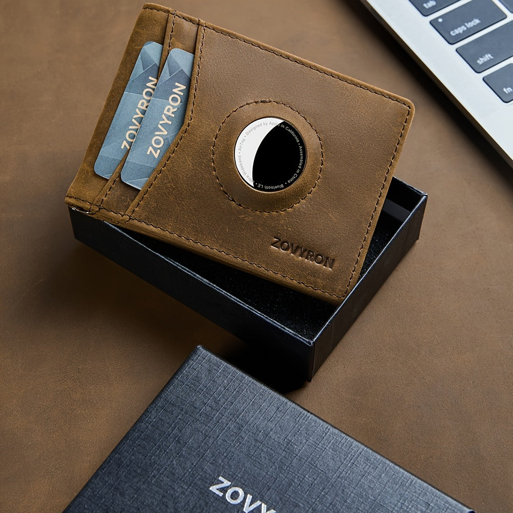 Men’s Genuine Leather Slim Bifold Wallet with Airtag Holder – RFID Blocking Front Pocket Wallet with Money Clip & ID Window