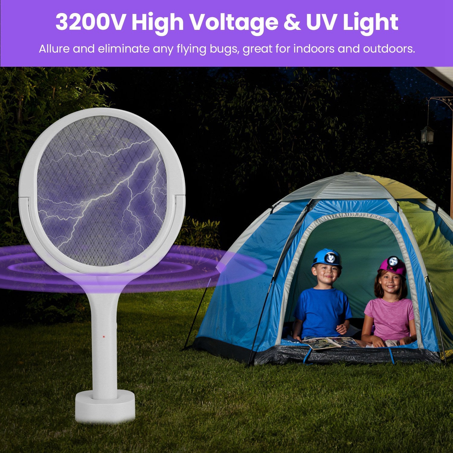 3-in-1 Electric Bug Zapper Racket – Rotating Mosquito Swatter with Telescopic Extension Wand for Indoor & Outdoor Pest Control