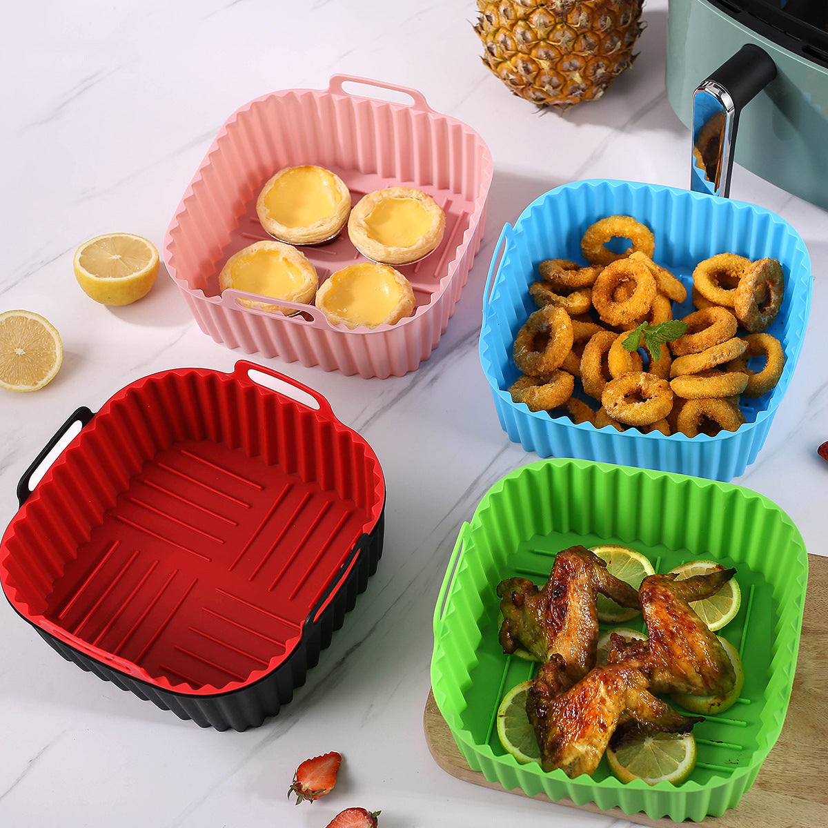 Multicolor Edible Silicone Square Air Fryer Tray – Non-Stick Reusable Heat-Resistant Baking Basket for Air Fryers