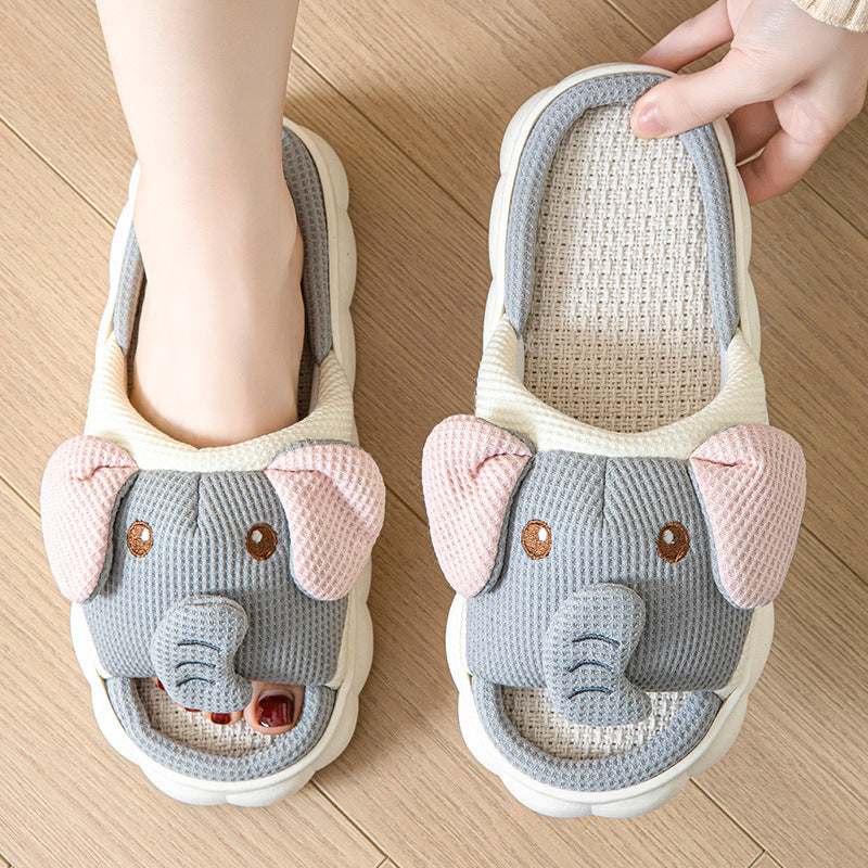 Couples Open Toe Animal Linen Slippers – Breathable Indoor Home Shoes for Men & Women