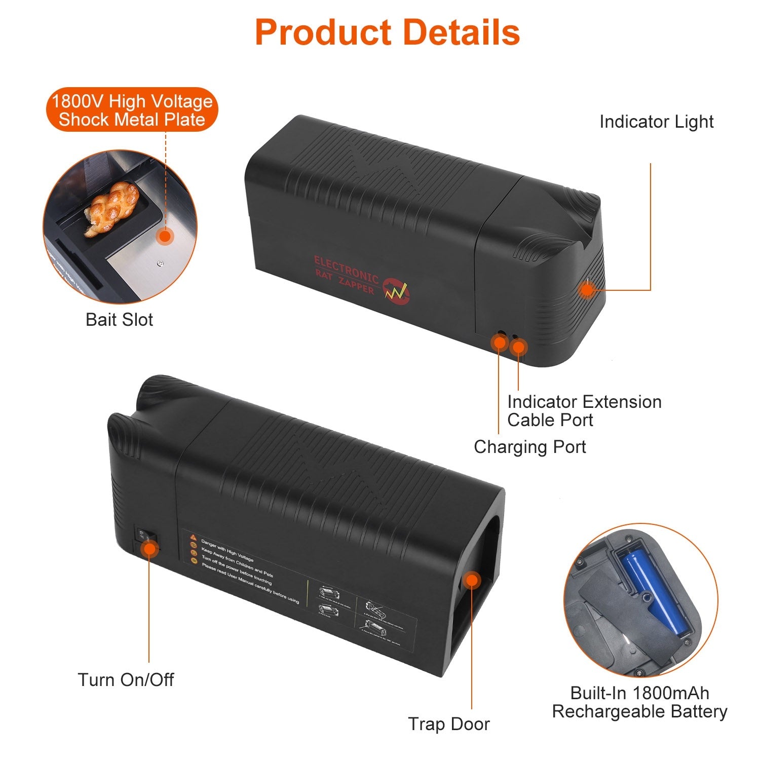 Electric Rat Trap Zapper – Reusable Rechargeable Mice Trap with 1800V High Voltage Shock for Indoor Pest Control