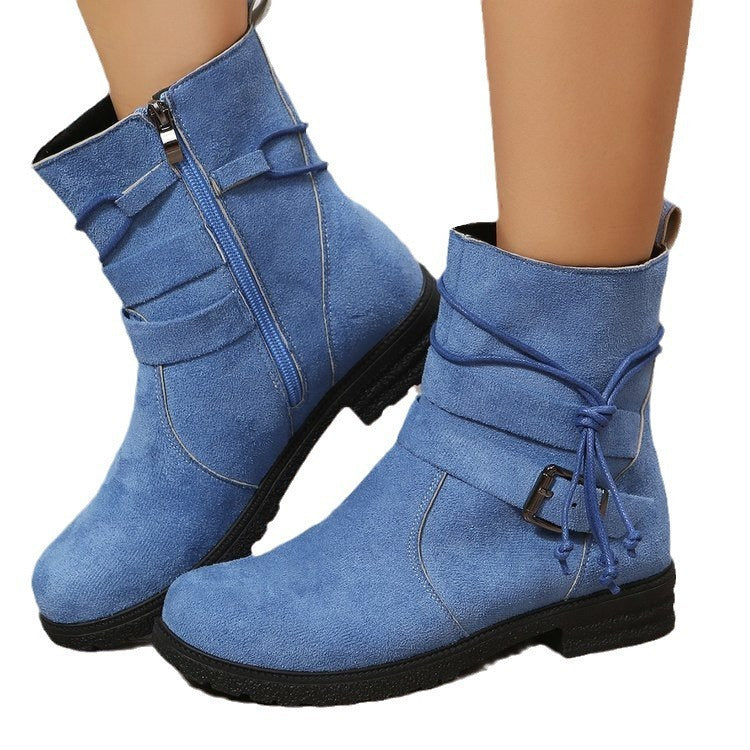 Women's Mid-Calf Fashion Boots – Buckle Square Heel Round Toe Side Zipper Boots