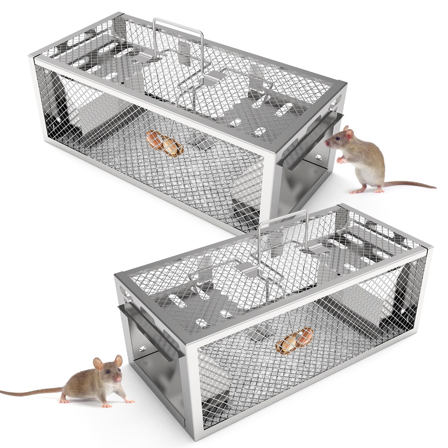 2-Pack Humane Rat Trap – Automatic 2-Door Mouse Trap Cage | Reusable Galvanized Iron Live Animal Catcher