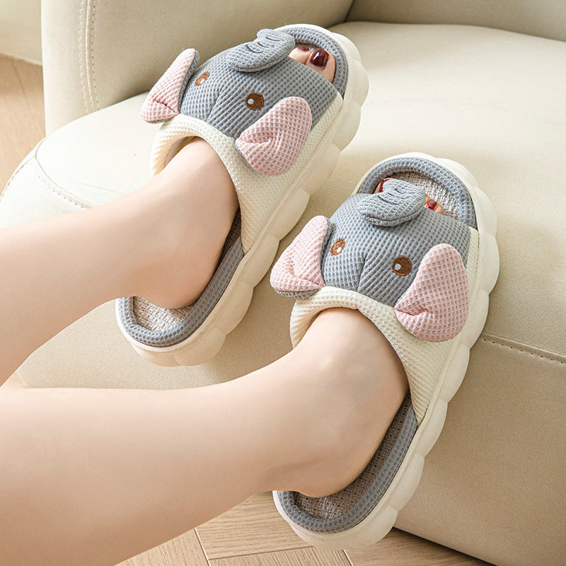 Couples Open Toe Animal Linen Slippers – Breathable Indoor Home Shoes for Men & Women