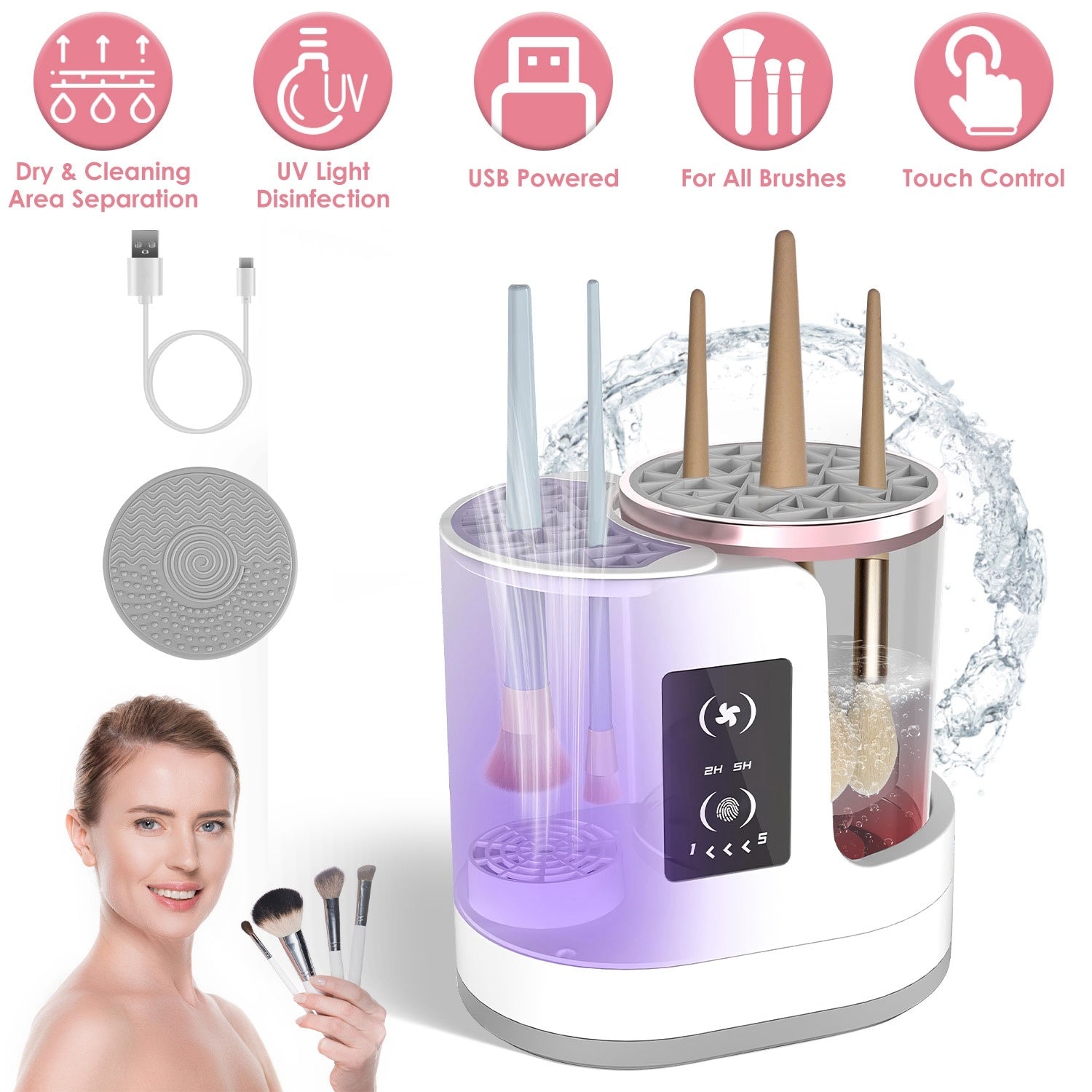 4 in 1 Electric Makeup Brush Cleaner & Dryer – USB Powered Automatic Brush Cleaning Machine with Timer, Digital Display & UV Disinfection