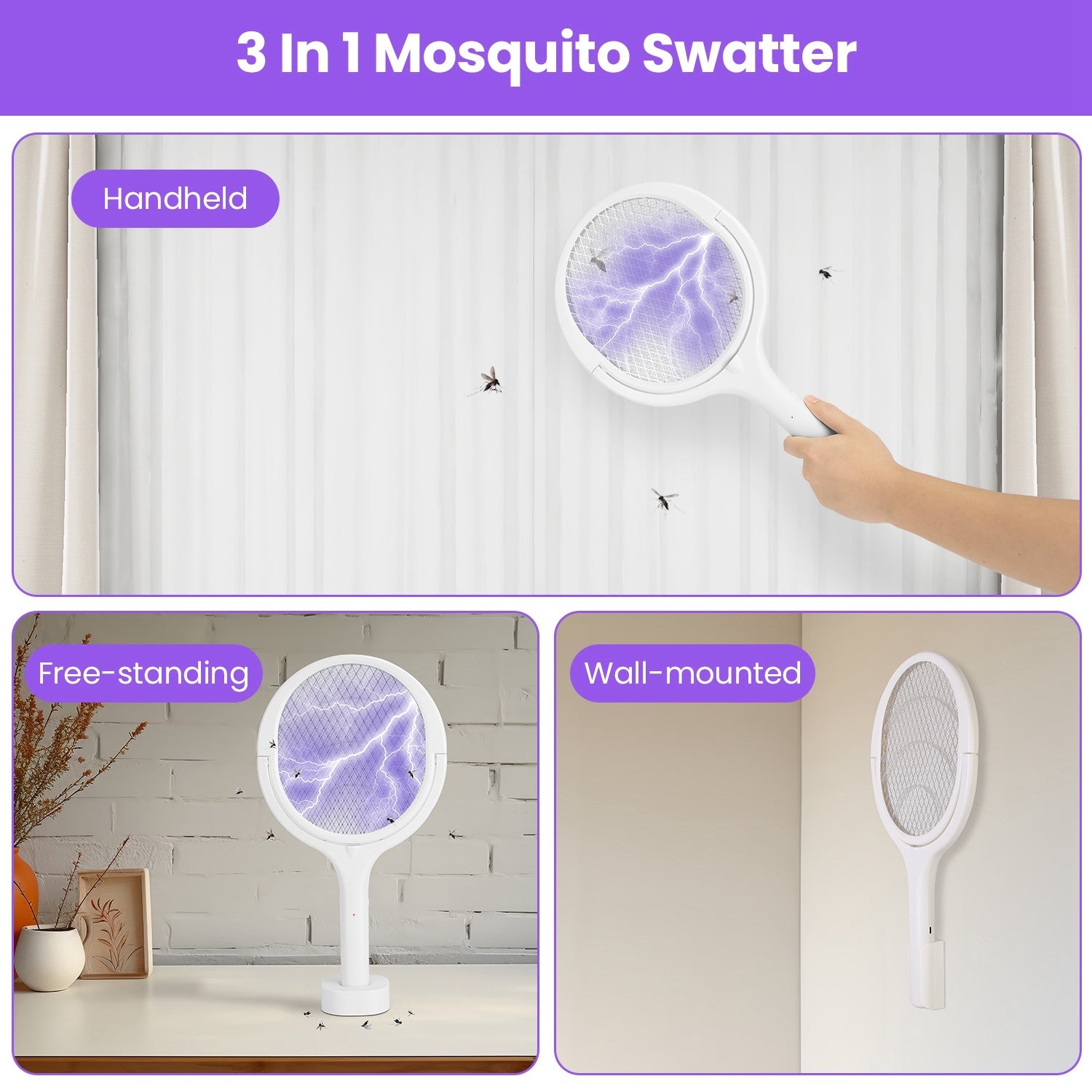 3-in-1 Electric Bug Zapper Racket – Rotating Mosquito Swatter with Telescopic Extension Wand for Indoor & Outdoor Pest Control