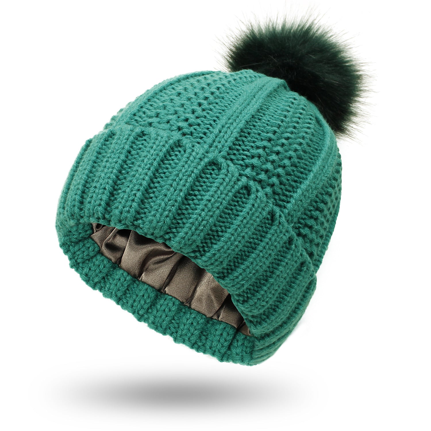 Women’s Satin Lined Knit Beanie Hat – Winter Warm Skull Cap with Faux Fur Pom Pom, Fashion Stretchy Beanie