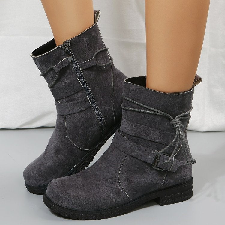 Women's Mid-Calf Fashion Boots – Buckle Square Heel Round Toe Side Zipper Boots
