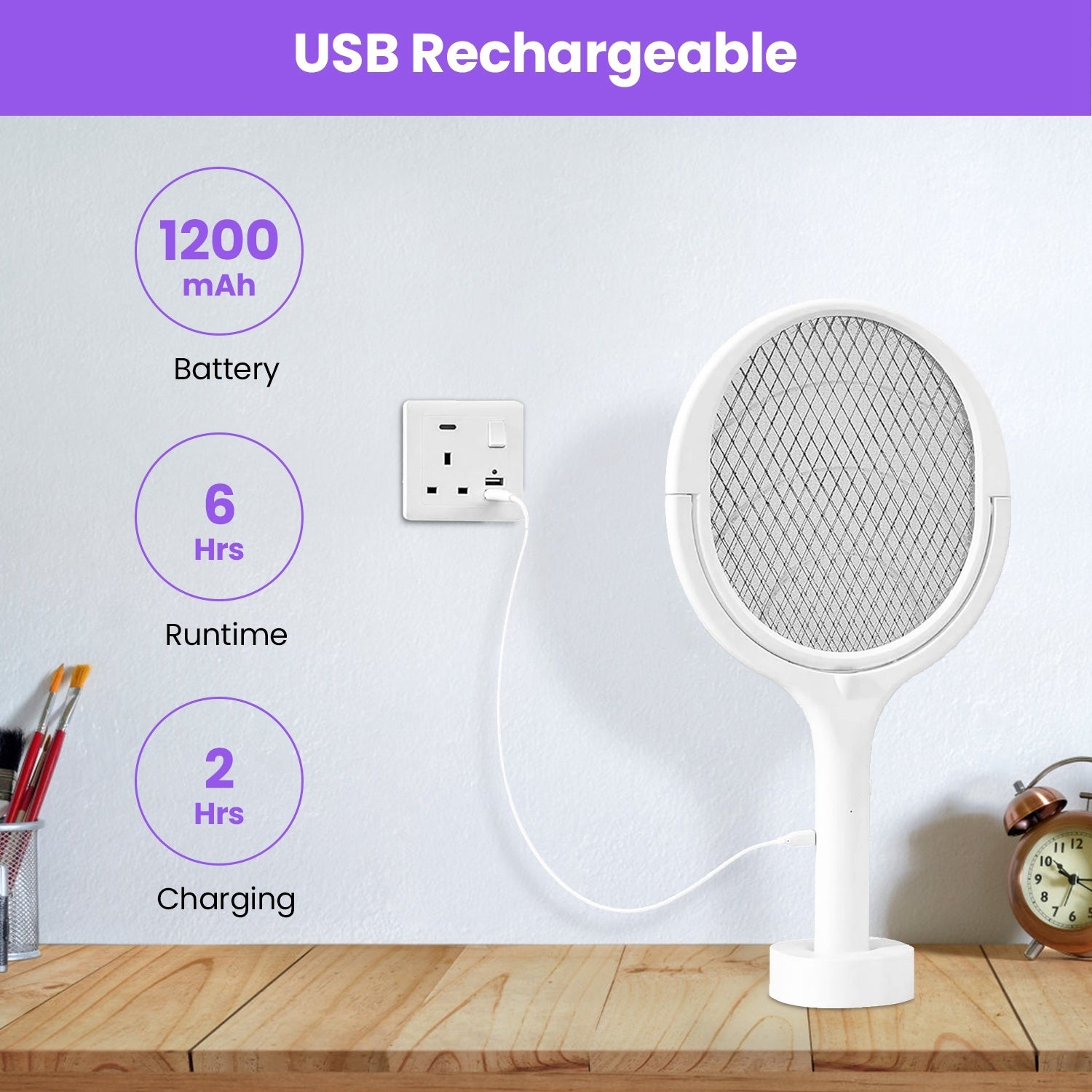 3-in-1 Electric Bug Zapper Racket – Rotating Mosquito Swatter with Telescopic Extension Wand for Indoor & Outdoor Pest Control