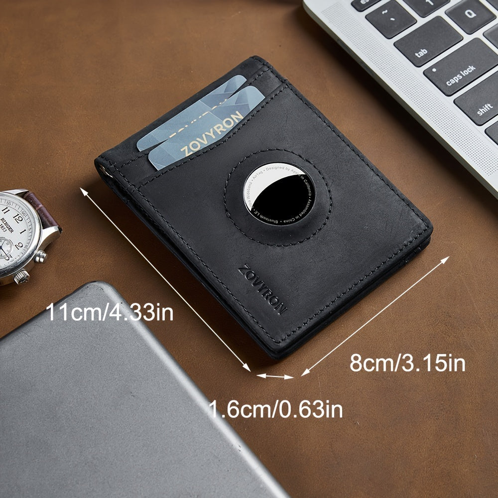 Men’s Genuine Leather Slim Bifold Wallet with Airtag Holder – RFID Blocking Front Pocket Wallet with Money Clip & ID Window
