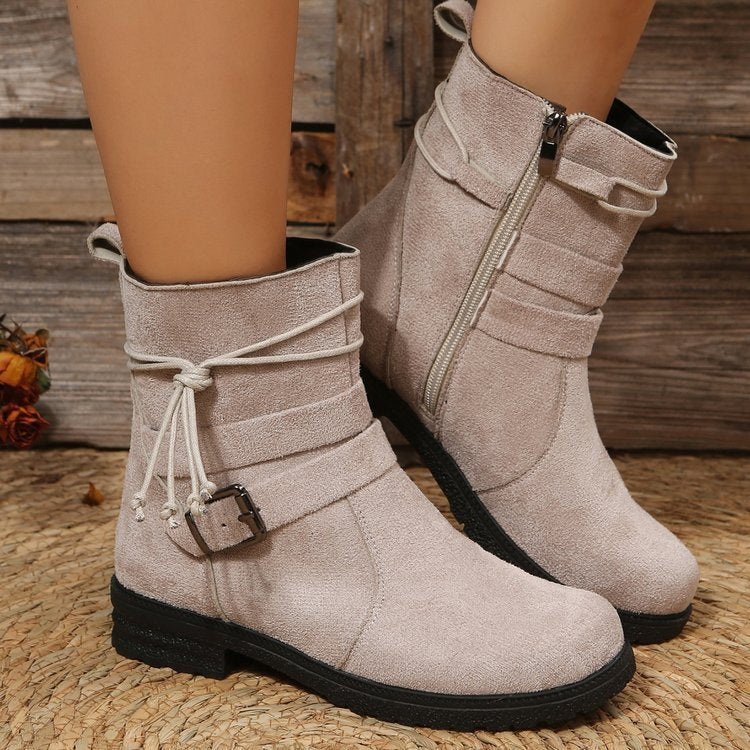 Women's Mid-Calf Fashion Boots – Buckle Square Heel Round Toe Side Zipper Boots