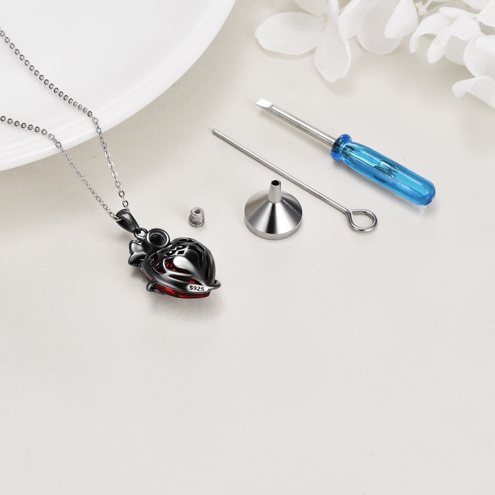 Sterling Silver Heart Rose Urn Necklace for Ashes – Memorial Cremation Jewelry Keepsake Pendant