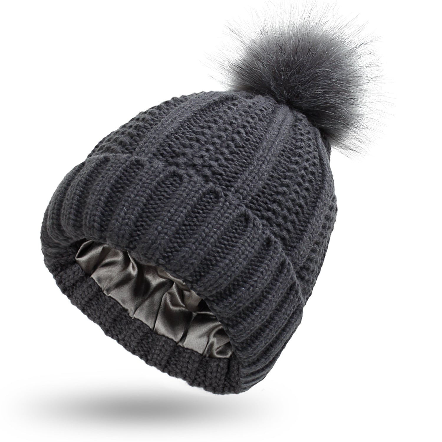 Women’s Satin Lined Knit Beanie Hat – Winter Warm Skull Cap with Faux Fur Pom Pom, Fashion Stretchy Beanie