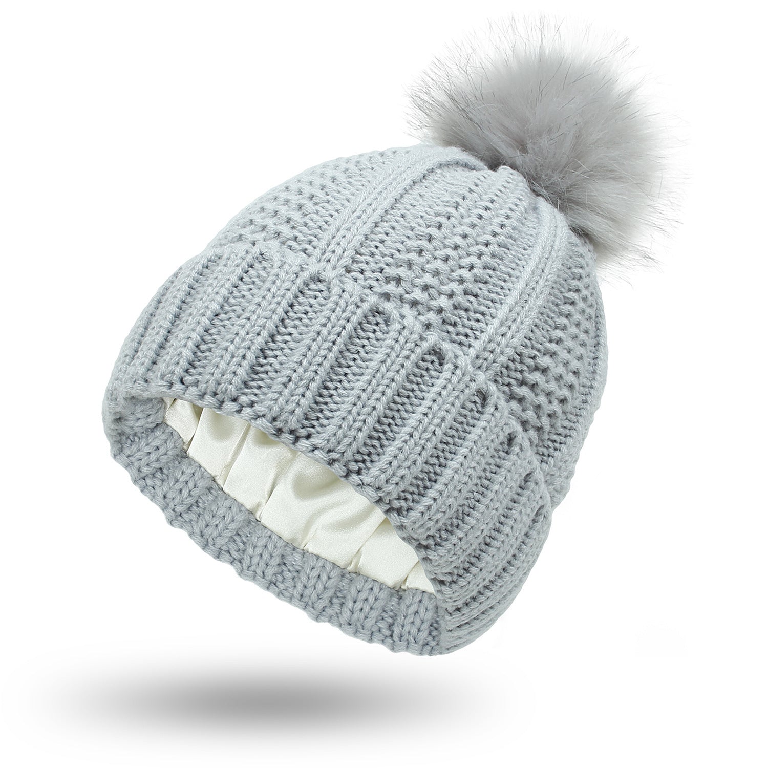 Women’s Satin Lined Knit Beanie Hat – Winter Warm Skull Cap with Faux Fur Pom Pom, Fashion Stretchy Beanie