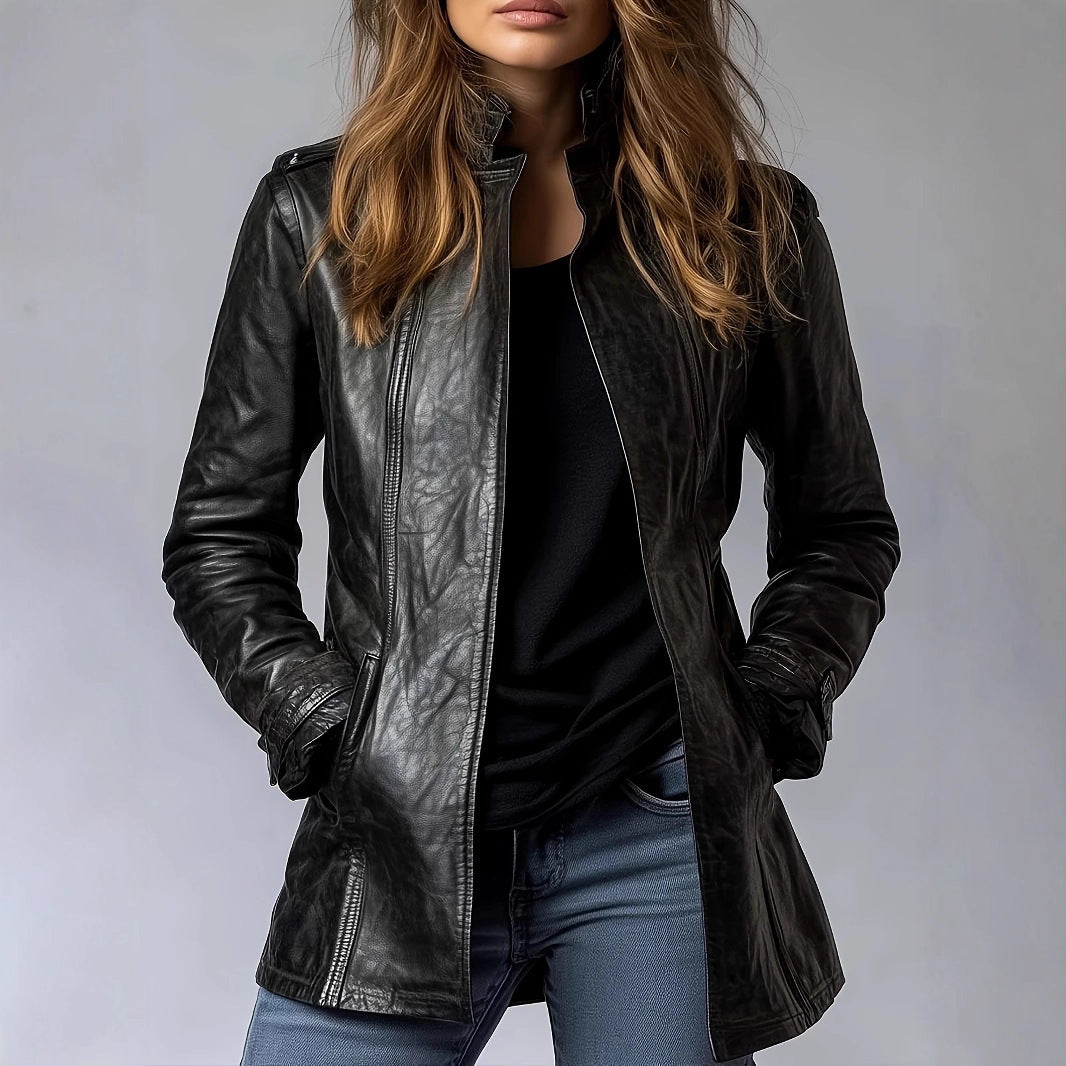Women’s Distressed Leather Jacket Coat – Stand Collar Long Sleeve Fashion Outerwear