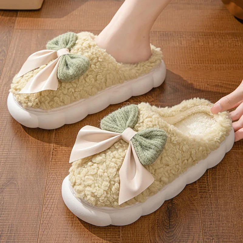 Winter Warm Fur Slippers for Women – Soft Plush Indoor Shoes, Cute Bow Design, Non-Slip Home Comfort Slippers