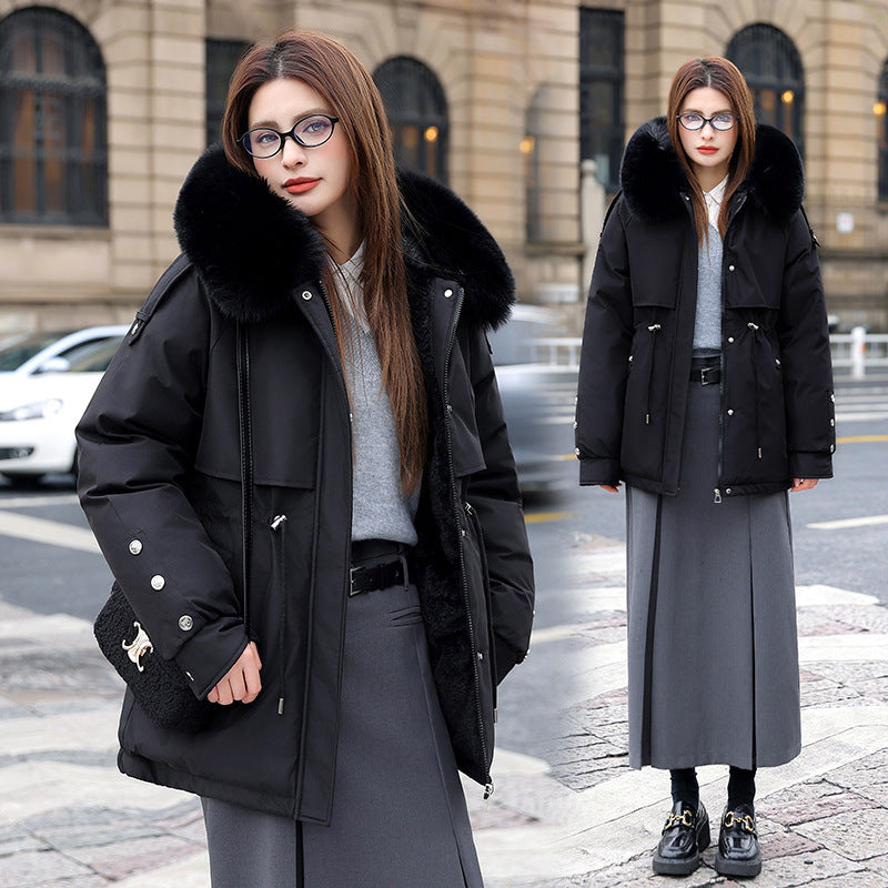 Women’s Fleece-Lined Quilted Jacket – Thickened Cotton Winter Coat with Large Fur Collar