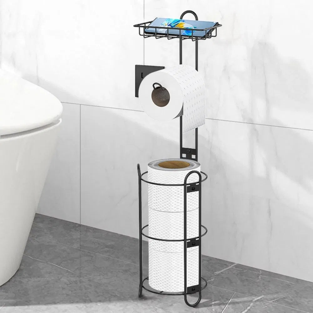 Toilet Paper Holder with Shelf – Freestanding Bathroom Tissue Stand with Storage, Modern Clearance Disposal Organizer