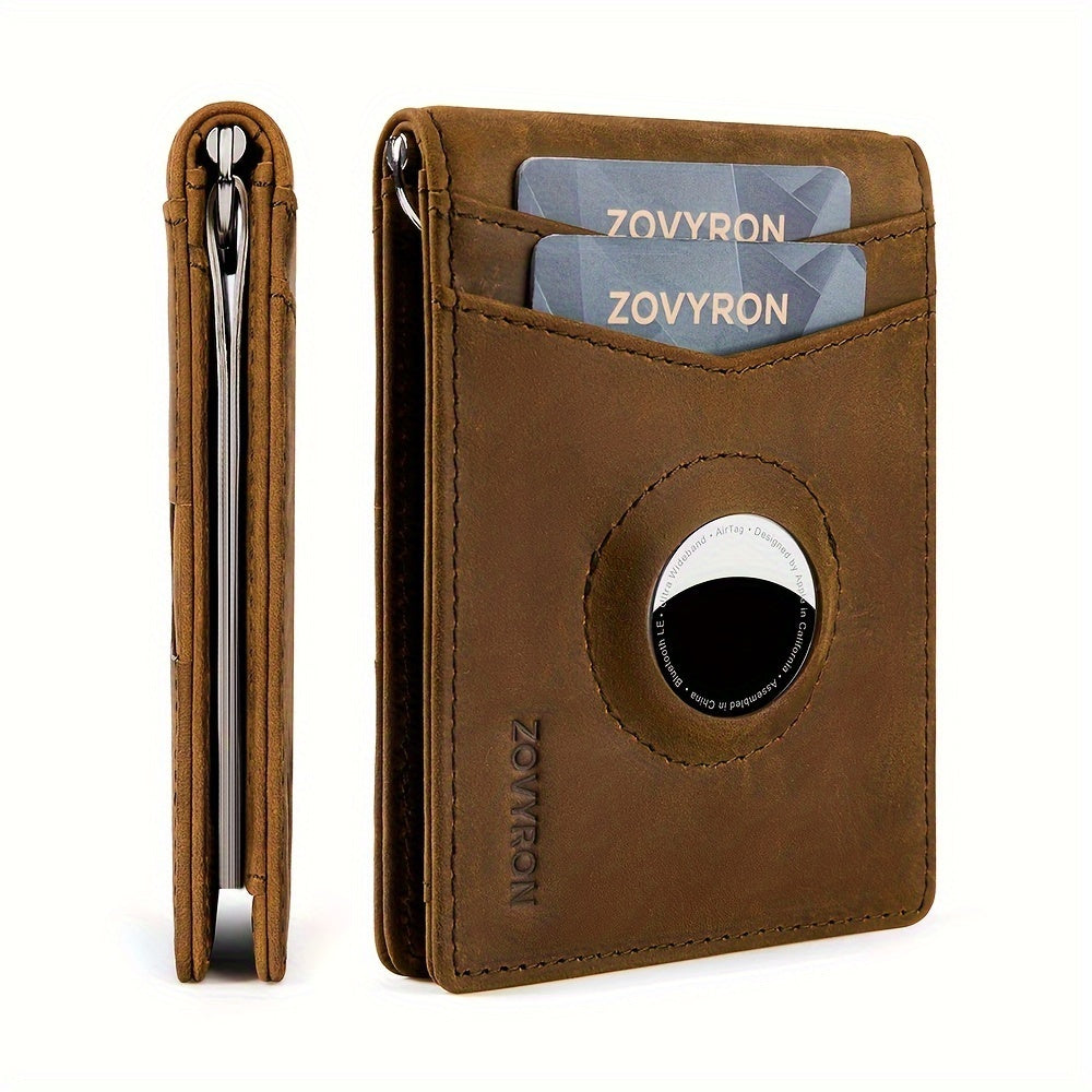Men’s Genuine Leather Slim Bifold Wallet with Airtag Holder – RFID Blocking Front Pocket Wallet with Money Clip & ID Window