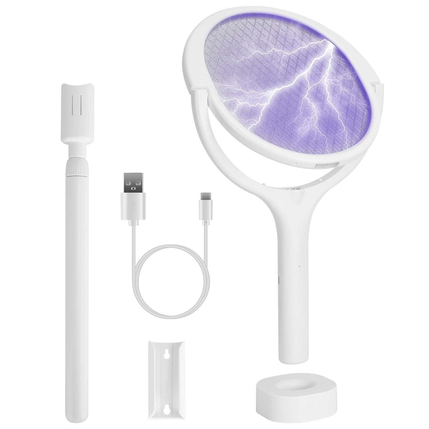 3-in-1 Electric Bug Zapper Racket – Rotating Mosquito Swatter with Telescopic Extension Wand for Indoor & Outdoor Pest Control