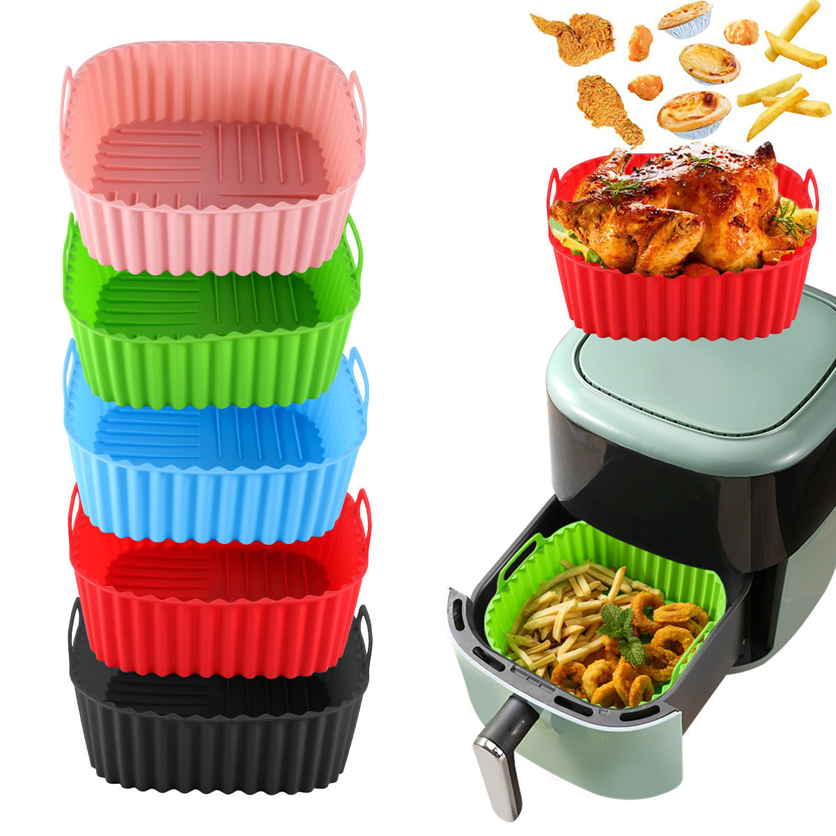 Multicolor Edible Silicone Square Air Fryer Tray – Non-Stick Reusable Heat-Resistant Baking Basket for Air Fryers