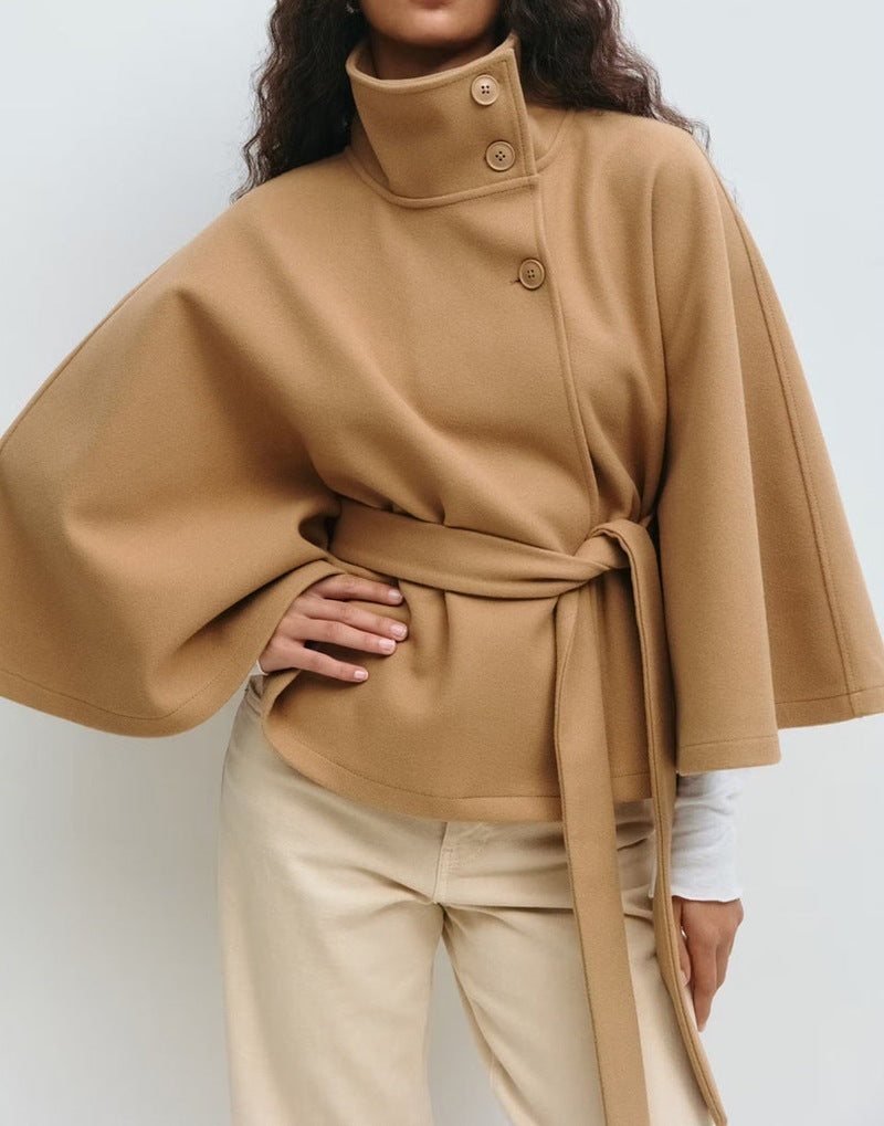 Women’s Winter High Neck Batwing Sleeve Coat with Belt – Elegant Loose Fit Button Top Trench Coat