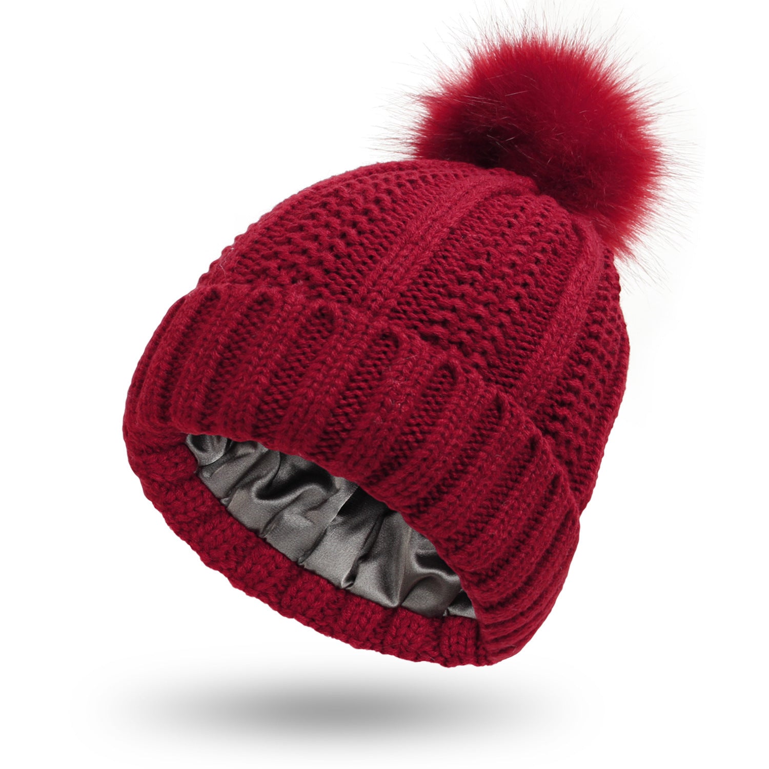 Women’s Satin Lined Knit Beanie Hat – Winter Warm Skull Cap with Faux Fur Pom Pom, Fashion Stretchy Beanie